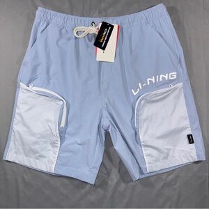 Li-Ning Shorts Mens Large Blue Cordura Zip Pocket Athletic Drawstring Running
